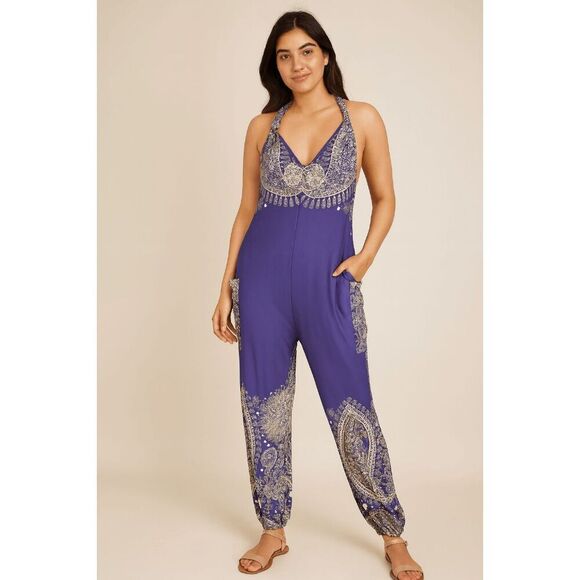 Women's Purple Geometric Print Racerback Pockets Cuffed Ankle Jumpsuit M - Picture 1 of 12